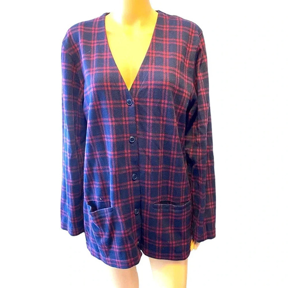 LAND’S End Cozy Casual Plaid Button up Cotton Cardigan Women Size M 10-12 Pocket - Picture 1 of 5
